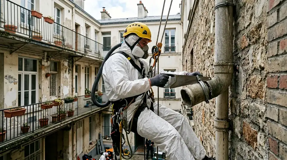 Dépose d'un conduit en amiante-ciment en cour intérieure