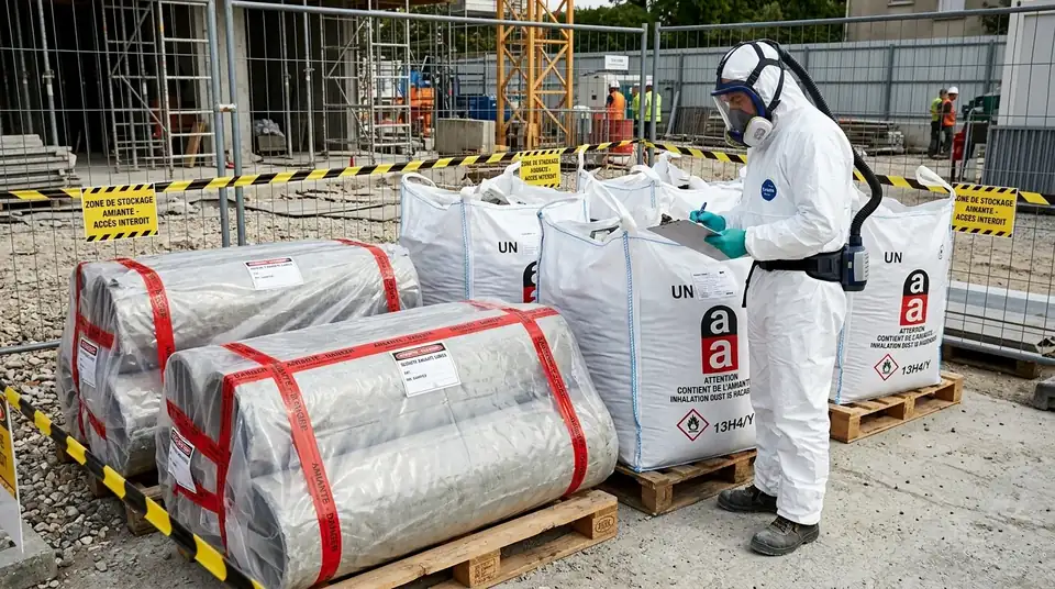 Conditionnement des déchets amiantés en double sac étanche, prêt pour la filière agréée