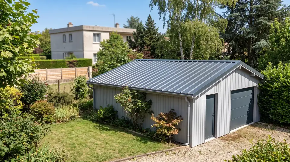 Illustration : garage rénové avec toiture neuve en bac acier anthracite