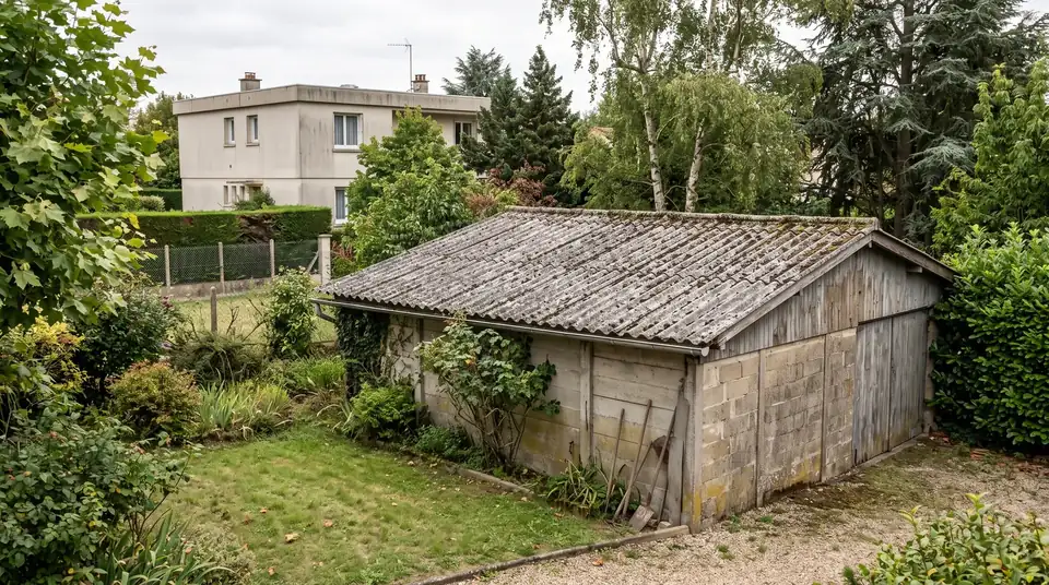 Avant : garage de pavillon couvert de plaques ondulées de fibrociment usées
